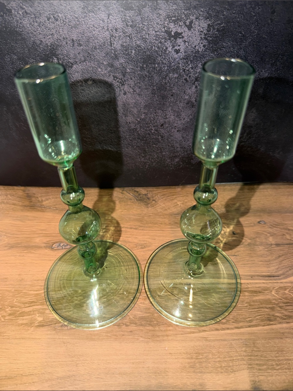 Pair of Green Glass Bubble-Stem Candle Holders